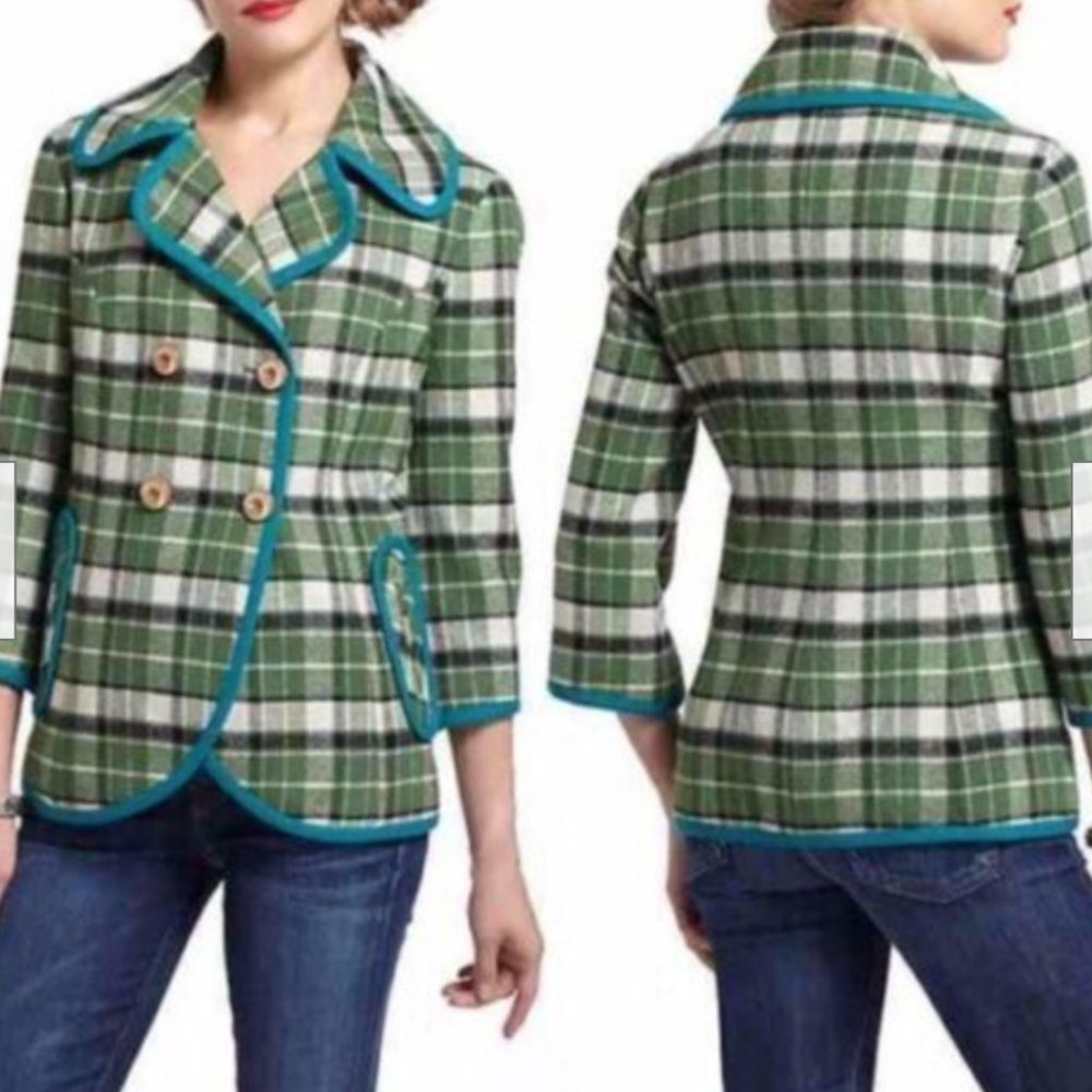 Tabitha Anthropologie Green Plaid Peacoat Size S Wool Teal Trim Coat Jacket